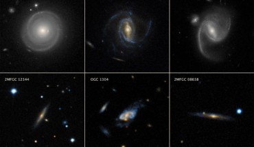 The top row of this mosaic features Hubble images of three spiral galaxies, each of which weighs several times as much as the Milky Way. The bottom row shows three even more massive spiral galaxies that qualify as super spirals, which were observed by the ground-based Sloan Digital Sky Survey. The galaxy at lower right, 2MFGC 08638, is the most massive super spiral known to date, with a dark matter halo weighing at least 40 trillion Suns. Image credit: NASA / ESA / P. Ogle & J. DePasquale, STScI / SDSS.