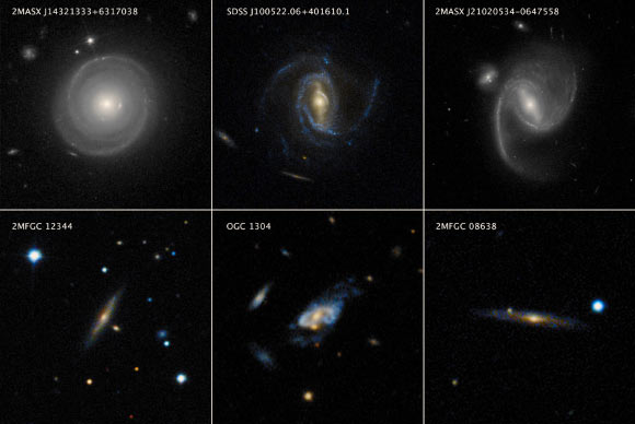 The top row of this mosaic features Hubble images of three spiral galaxies, each of which weighs several times as much as the Milky Way. The bottom row shows three even more massive spiral galaxies that qualify as super spirals, which were observed by the ground-based Sloan Digital Sky Survey. The galaxy at lower right, 2MFGC 08638, is the most massive super spiral known to date, with a dark matter halo weighing at least 40 trillion Suns. Image credit: NASA / ESA / P. Ogle & J. DePasquale, STScI / SDSS.