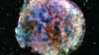 This image of Tycho’s SNR from NASA’s Chandra X-ray Observatory reveals an intriguing pattern of bright clumps and fainter holes. To emphasize these features, two narrow ranges of X-ray energies were selected to isolate material (silicon, colored red) moving away from Earth, and moving towards us (also silicon, colored blue). The other colors in the image (yellow, green, blue-green, orange and purple) show a broad range of different energies and elements, and a mixture of directions of motion. Chandra’s X-ray data are shown alongside an optical image of the stars in the same field of view from the Digitized Sky Survey. Image credit: NASA / CXC / RIKEN / NASA’s Goddard Space Flight Center / T. Sato et al / DSS.