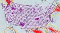 Stormquakes offshore North America and seismic stations from 2006 to 2015. The located stormquakes are shown as the red circles, and the seismic stations are shown as triangles. Due to the location uncertainties, some of the apparent stormquake locations are beyond the coastlines. The yellow contours show regions where stormquakes were detected. The orange contour shows a comparison region offshore Mexico that has been struck by hurricanes but without excitation of stormquakes. The insert shows earthquakes (blue dots) reported in the International Seismological Centre catalog with magnitudes greater than 3 and shallower than 40 km from 2006 to 2015. Image credit: Fan et al, doi: 10.1029/2019GL084217.