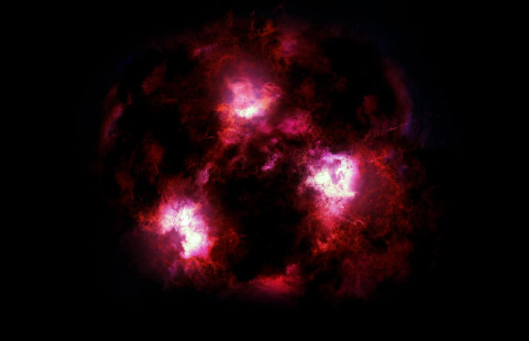 An artist’s impression of the massive dust-obscured star-forming galaxy 3MM-1. Image credit: James Josephides, Swinburne Astronomy Productions / Christina Williams, University of Arizona / Ivo Labbe, Swinburne University of Technology.