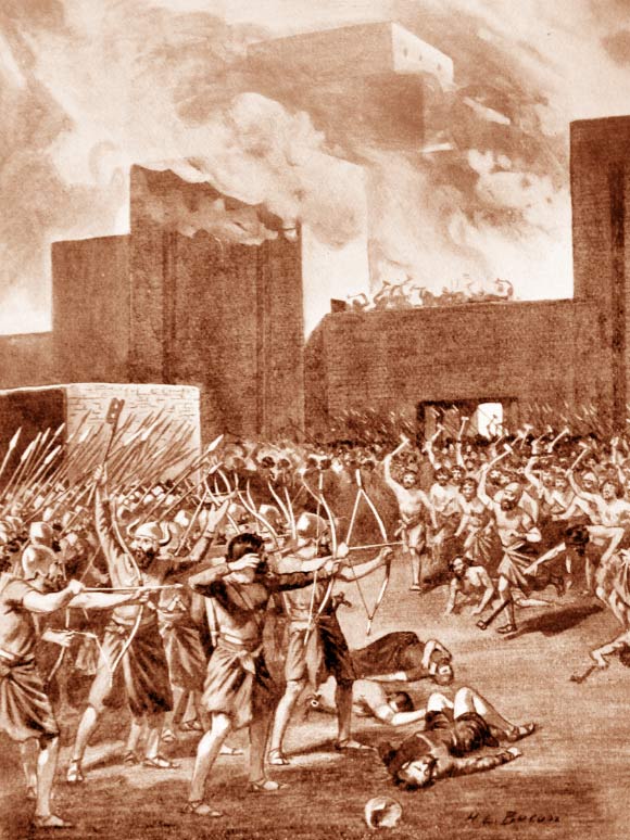 The Akkadians (left) and the Gutians (right). Illustration by H.L. Bacon.