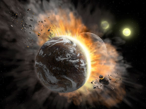 An artist’s concept illustrating a catastrophic collision between two rocky exoplanets in the BD +20 307 system, turning both into dusty debris. Image credit: NASA / SOFIA / Lynette Cook.