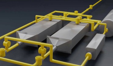 In this diagram of the new system, air entering from top right passes to one of two chambers (the gray rectangular structures) containing battery electrodes that attract carbon dioxide; then the airflow is switched to the other chamber, while the accumulated carbon dioxide in the first chamber is flushed into a separate storage tank (at right); these alternating flows allow for continuous operation of the two-step process. Image credit: Sahag Voskian & T. Alan Hatton, MIT.