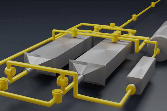 In this diagram of the new system, air entering from top right passes to one of two chambers (the gray rectangular structures) containing battery electrodes that attract carbon dioxide; then the airflow is switched to the other chamber, while the accumulated carbon dioxide in the first chamber is flushed into a separate storage tank (at right); these alternating flows allow for continuous operation of the two-step process. Image credit: Sahag Voskian & T. Alan Hatton, MIT.