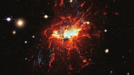 This Hubble image shows young globular clusters (blue) and filaments of cool gas (red) around NGC 1275 in the center of the Perseus cluster (also known as Abell 426), a group of over 1,000 galaxies located 240 million light-years from Earth. Image credit: Lim et al, doi: 10.1038/s41550-019-0909-6.