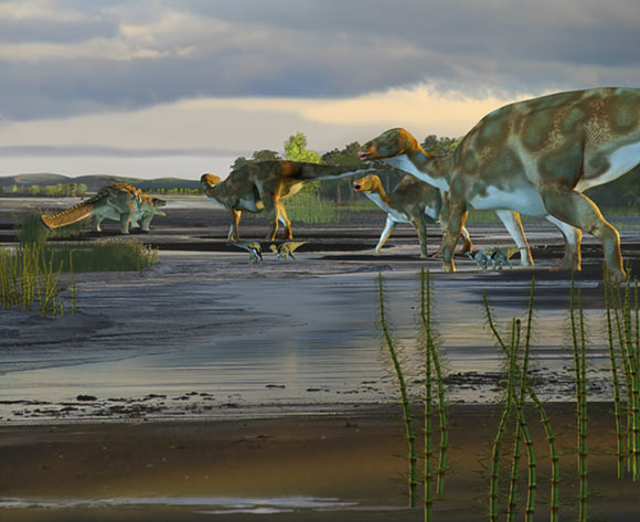 An artistic rendering of Aniakchak National Monument in the Late Cretaceous epoch. Image credit: Karen Carr / Fiorillo et al, doi: 10.1371/journal.pone.0223471.