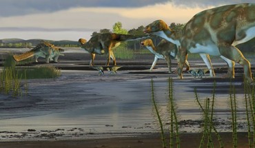 An artistic rendering of Aniakchak National Monument in the Late Cretaceous epoch. Image credit: Karen Carr / Fiorillo et al, doi: 10.1371/journal.pone.0223471.