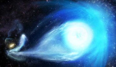 An artist’s impression of S5-HVS1’s ejection by Sagittarius A*, the supermassive black hole at the center of the Milky Way Galaxy. Sagittarius A* and the captured binary partner to S5-HVS1 are seen far away in the left corner of the picture, while S5-HVS1 is in the foreground, speeding away from them. Image credit: James Josephides, Swinburne Astronomy Productions.