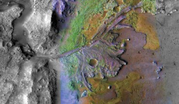 This image from NASA’s Mars Reconnaissance Orbiter shows Jezero Crater on Mars, the landing site for NASA’s Mars 2020 mission. On ancient Mars, water carved channels and transported sediments to form fans and deltas within lake basins. Examination of spectral data acquired from orbit show that some of these sediments have minerals that indicate chemical alteration by water. Here in Jezero Crater delta, sediments contain clays and carbonates. Image credit: NASA / JPL-Caltech / MSSS / JHU-APL.