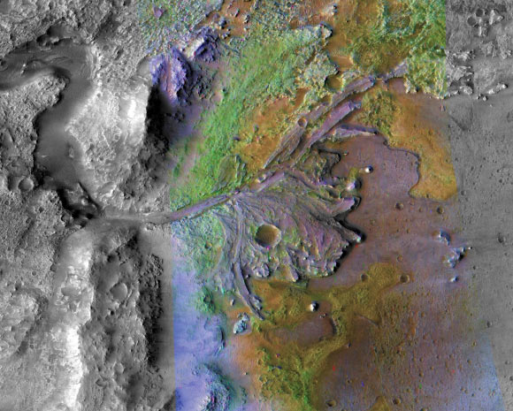 This image from NASA’s Mars Reconnaissance Orbiter shows Jezero Crater on Mars, the landing site for NASA’s Mars 2020 mission. On ancient Mars, water carved channels and transported sediments to form fans and deltas within lake basins. Examination of spectral data acquired from orbit show that some of these sediments have minerals that indicate chemical alteration by water. Here in Jezero Crater delta, sediments contain clays and carbonates. Image credit: NASA / JPL-Caltech / MSSS / JHU-APL.