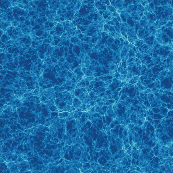 This is a simulation showing a section of the Universe at its broadest scale; a web of cosmic filaments forms a lattice of matter, enclosing vast voids. Image credit: Greg Poole / Tiamat Simulation.