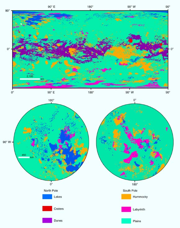 The global geologic map of Titan. The map projections are Mercator (top) and polar stereographic (bottom, for >55° N and °S). Image credit: NASA / JPL-Caltech / ASU.