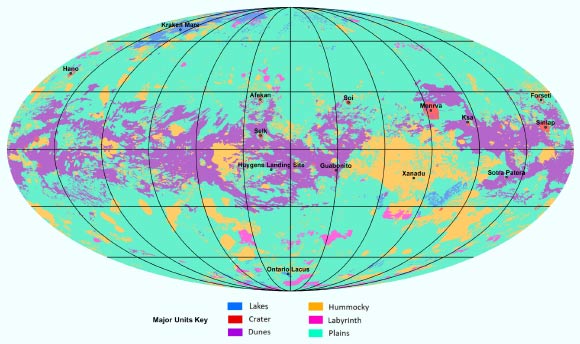 The global geologic map of Titan in a Mollweide projection. Lines mark 30 degrees of latitude and longitude. The map is centered on 0 degrees latitude, 180 degrees longitude. Map scale is 1:20,000,000. Labels point to several of the named surface features. Also located is the landing site of ESA’s Huygens probe, part of NASA’s Cassini mission. Image credit: NASA / JPL-Caltech / ASU.