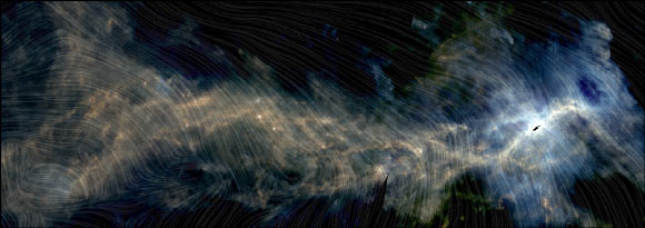 This composite image shows the Orion A molecular cloud, the nearest known massive star factory, as seen by ESA’s Herschel and Planck space observatories. Located approximately 1,630 light-years away, Orion A is one of the two giant molecular clouds in the Orion molecular cloud complex. The other cloud is Orion B, which lies east of Orion’s Belt. Orion A is packed full of gas -- it contains so much material, in fact, that it would be capable of producing tens of thousands of Sun-mass stars. Different colors visible here indicate the light emitted by interstellar dust grains mixed within the gas, as observed by Herschel at far-infrared and sub-millimeter wavelengths, while the texture of faint gray bands stretching across the frame, based on Planck’s measurements of the direction of the polarized light emitted by the dust, show the orientation of the magnetic field. Image credit: ESA / Herschel / Planck / J.D. Soler, Max Planck Institute for Astronomy.