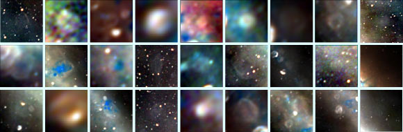 These are the 27 newly-discovered supernova remnants. The MWA radio images trace the edges of the explosions as they continue their ongoing expansion into interstellar space. Some are huge, larger than the full Moon, and others are small and hard to spot in the complexity of the Milky Way. Image credit: Natasha Hurley-Walker, ICRAR & Curtin / GLEAM Team.