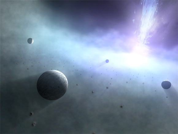 An artist’s impression of planets orbiting a supermassive black hole. Image credit: Kagoshima University.