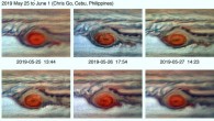 A series of false-color images capturing the repeated flaking of red clouds from the Great Red Spot in the Spring of 2019. In the earliest image, the flaking is predominant on the east side of the giant red vortex. The flake then breaks off from the Great Red Spot, but a new flake starts to detach in the fifth image. Image credit: Chris Go.