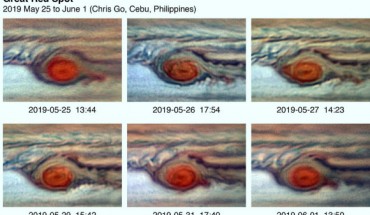 A series of false-color images capturing the repeated flaking of red clouds from the Great Red Spot in the Spring of 2019. In the earliest image, the flaking is predominant on the east side of the giant red vortex. The flake then breaks off from the Great Red Spot, but a new flake starts to detach in the fifth image. Image credit: Chris Go.