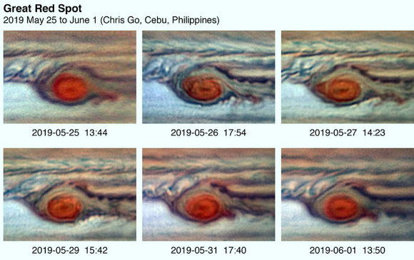 A series of false-color images capturing the repeated flaking of red clouds from the Great Red Spot in the Spring of 2019. In the earliest image, the flaking is predominant on the east side of the giant red vortex. The flake then breaks off from the Great Red Spot, but a new flake starts to detach in the fifth image. Image credit: Chris Go.
