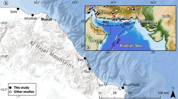 Overview of the study sites along the coastline of northern Oman: (a) Makran subduction zone (MSZ) and the Owen fracture zone (OFZ). White dots are earthquakes >M4.5; (b) the study site in Oman (black dots). Image credit: Hoffmann et al, doi: 10.1016/j.margeo.2019.106068.
