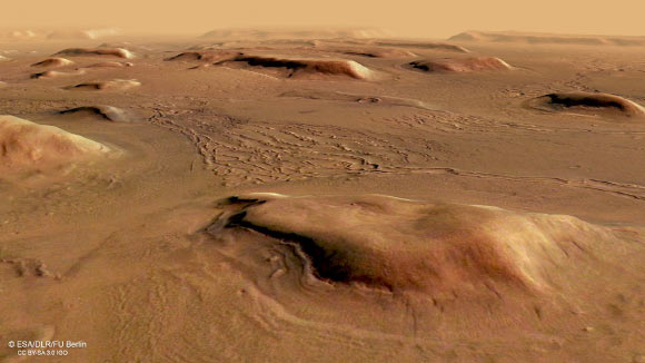 This image shows a region of Mars named Deuteronilus Mensae. The oblique perspective view was generated using a digital terrain model and Mars Express data gathered on February 25, 2018. Image credit: ESA / DLR / FU Berlin / CC BY-SA 3.0 IGO.