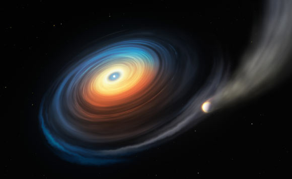 This illustration shows the white dwarf WD J0914 and its Neptune-like exoplanet. Image credit: M. Kornmesser / ESO.