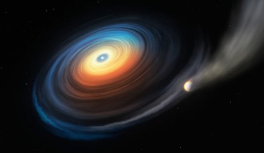 This illustration shows the white dwarf WD J0914 and its Neptune-like exoplanet. Image credit: M. Kornmesser / ESO.