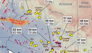 This map shows locations of samples analyzed to estimate crustal thickness during the Laramide orogeny. Text in white boxes is the average crustal thickness and average age for locations (labeled in brown) with over 5 samples. CRM - Catalina-Rincon Mountains, BM - Baboquivari Mountains. Image credit: Chapman et al, doi: 10.1130/G47117.1.