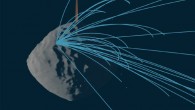 Schematic diagram of orbit determination model output for the 19 January 2019 particle ejection event from Bennu observed by the OSIRIS-REx spacecraft: Bennu is depicted in gray and has a diameter of 1,640 feet (500 m). OSIRIS-REx is indicated with the brown dot, 1.2 miles (2 km) from Bennu’s center of mass; the cone represents the viewing angle; blue arcs are particle trajectories, ending or with gaps where the trajectories pass into shadow; the Sun-angular momentum frame coordinates are shown at bottom right: x - solar vector, y - Bennu orbital direction, z - Bennu north. Image credit: Lauretta et al, doi: 10.1126/science.aay3544.