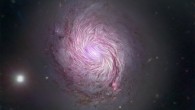 Magnetic fields in the spiral galaxy Messier 77, also known as M77 and NGC 1086, are shown as streamlines over a visible light and X-ray composite image of the galaxy from the NASA/ESA Hubble Space Telescope, NASA’s Nuclear Spectroscopic Telescope Array (NuSTAR), and the Sloan Digital Sky Survey. The magnetic fields align along the entire length of the massive spiral arms of Messier 77, implying that the gravitational forces that created the galaxy’s shape are also compressing the its magnetic field. This supports the leading theory of how the spiral arms are forced into their iconic shape known as ‘density wave theory.’ SOFIA studied the galaxy using far-infrared light (89 microns) to reveal facets of its magnetic fields that previous observations using visible and radio telescopes could not detect. Image credit: NASA / SOFIA / JPL-Caltech / Roma Tre University.