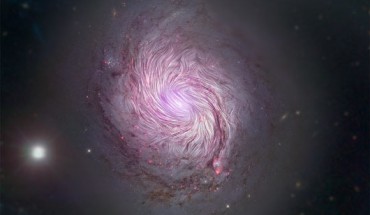 Magnetic fields in the spiral galaxy Messier 77, also known as M77 and NGC 1086, are shown as streamlines over a visible light and X-ray composite image of the galaxy from the NASA/ESA Hubble Space Telescope, NASA’s Nuclear Spectroscopic Telescope Array (NuSTAR), and the Sloan Digital Sky Survey. The magnetic fields align along the entire length of the massive spiral arms of Messier 77, implying that the gravitational forces that created the galaxy’s shape are also compressing the its magnetic field. This supports the leading theory of how the spiral arms are forced into their iconic shape known as ‘density wave theory.’ SOFIA studied the galaxy using far-infrared light (89 microns) to reveal facets of its magnetic fields that previous observations using visible and radio telescopes could not detect. Image credit: NASA / SOFIA / JPL-Caltech / Roma Tre University.