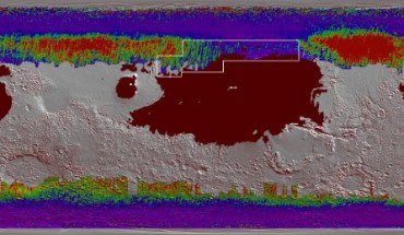 This map shows near-surface water ice on Mars; cool colors represent less than one foot (30 cm) below the surface; warm colors are over two feet (60 cm) deep; sprawling brown zones on the map represent areas where a landing spacecraft would sink into fine dust; the outlined box represents the ideal region to send astronauts for them to be able to dig up water ice. Image credit: NASA / JPL-Caltech / ASU.