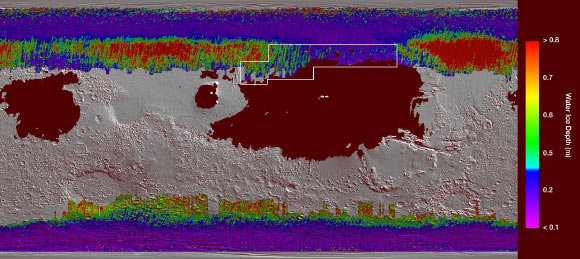 This map shows near-surface water ice on Mars; cool colors represent less than one foot (30 cm) below the surface; warm colors are over two feet (60 cm) deep; sprawling brown zones on the map represent areas where a landing spacecraft would sink into fine dust; the outlined box represents the ideal region to send astronauts for them to be able to dig up water ice. Image credit: NASA / JPL-Caltech / ASU.