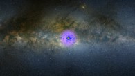 Milky Way’s center produces more high-energy gamma rays than can be explained by known sources. This image shows the Milky Way in visible light and a gamma-ray map from NASA’s Fermi Gamma-ray Space Telescope. Image credit: NASA’s Goddard Space Flight Center / A. Mellinger, Central Michigan University / T. Linden, University of Chicago.