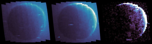 Images of proton aurora on Mars: MAVEN’s IUVS instrument observes the atmosphere of Mars, making images of neutral hydrogen and proton aurora simultaneously (left); observations under normal conditions show hydrogen on the disk and in the extended atmosphere of the planet from a vantage point on the nightside (middle); proton aurora is visible as a significant brightening on the limb and disk (right); with the contribution of neutral hydrogen subtracted, the distribution of proton aurora is revealed, showing that it peaks in brightness just off the Martian disk as energetic neutrals slam into the atmosphere. Image credit: Embry-Riddle Aeronautical University / Laboratory for Atmospheric and Space Physics, University of Colorado, Boulder.