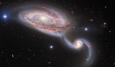 This image, taken by the Gemini Multi-Object Spectrograph on the Frederick C. Gillett Gemini North telescope, shows the interacting galaxy pair NGC 5394-NGC 5395. Image credit: NSF’s National Optical-Infrared Astronomy Research Laboratory / Gemini Observatory / AURA.