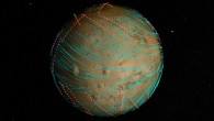 Computer-generated visualization of the orbital paths (white dots) taken by NASA’s MAVEN spacecraft as it mapped winds (blue lines) in the Martian upper atmosphere; red lines coming from the white dots represent local wind speed and direction, measured by MAVEN’s Neutral Gas and Ion Mass Spectrometer instrument. Image credit: NASA’s Goddard Space Flight Center / MAVEN / SVS / Greg Shirah.