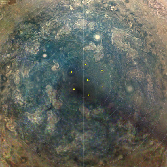 A series of JunoCam images from Juno’s 23rd close science pass by Jupiter on November 3, 2019, revealed a sixth circumpolar cyclone in the cluster around Jupiter’s south pole. Image credit: NASA / JPL-Caltech / SwRI / MSSS.