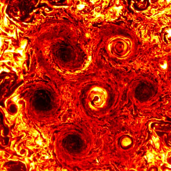 This infrared image, captured by Juno’s JIRAM instrument on November 4, 2019, shows a new, smaller cyclone (lower right of the image) in the cluster around Jupiter’s south pole. Image credit: NASA / JPL-Caltech / SwRI / ASI / INAF / JIRAM.