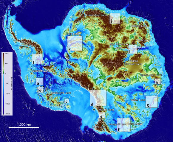 Bed elevation of the Antarctic ice sheet color coded between minus 2 and 1 km (minus 1.2 and 0.6 miles) above sea level. The white lines delineate the basins from the ice sheet mass balance inter-comparison exercise (IMBIE). Image credit: Morlighem et al, doi: 10.1038/s41561-019-0510-8.