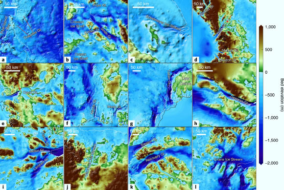 Detailed bed topography of Antarctic outlet glaciers: (a-l) bed elevation of Thwaites (a) and Kohler, Smith and Pope (b) glaciers, Shirase coast (c), Byrd and Mulock glaciers (d), David (e) and Ninnis and Mertz (f) glaciers, Totten glacier (g), Denman (h) and Lambert (i) glaciers, Roi Baudouin Ice Shelf (j), Recovery (k) and Evans (l) Ice Streams, color coded between minus 2 and 1 km (minus 1.2 and 0.6 miles) above sea level. The black lines show the ice extent and the white lines the grounding lines. Gl - Glacier. Image credit: Morlighem et al, doi: 10.1038/s41561-019-0510-8.