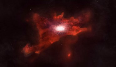 An artist’s impression of a carbon halo around a young star-forming galaxy. Image credit: National Astronomical Observatory of Japan.