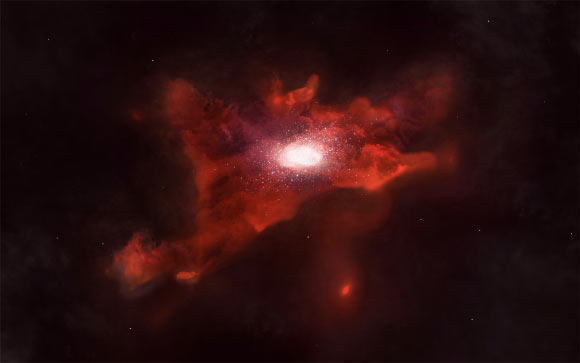 An artist’s impression of a carbon halo around a young star-forming galaxy. Image credit: National Astronomical Observatory of Japan.