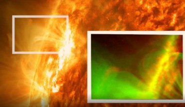 Forced magnetic reconnection, caused by a prominence from the Sun, was seen for the first time in images from SDO. This image shows the Sun on May 3, 2012, with the inset showing a close-up of the reconnection event imaged by SDO’s Atmospheric Imaging Assembly instrument, where the signature X-shape is visible. Image credit: NASA / SDO / Abhishek Srivastava / IIT.