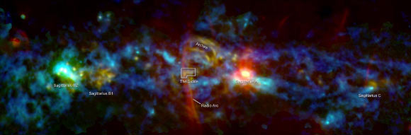 An annotated version of the GISMO image of the Milky Way’s central region. Image credit: NASA’s Goddard Space Flight Center.