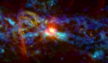 This composite image, which combines infrared (blue), radio (red) and microwave (green) observations from the GISMO instrument, reveals emission from cold dust, areas of vigorous star formation, and filaments formed at the edges of a bubble blown by some powerful event at the Milky Way Galaxy’s center. Image credit: NASA’s Goddard Space Flight Center.