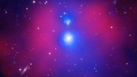 This composite image of the galaxy group-galaxy group merger NGC 6338 contains X-ray data from Chandra (displayed in red) that shows hot gas with temperatures upward of about 20 million degrees Celsius, as well as cooler gas detected with Chandra and XMM (shown in blue) that also emits X-rays. The image contains optical data from the Sloan Digital Sky Survey. Image credit: Chandra / NASA / CXC / SAO / E. O’Sullivan / ESA / XMM / SDSS.