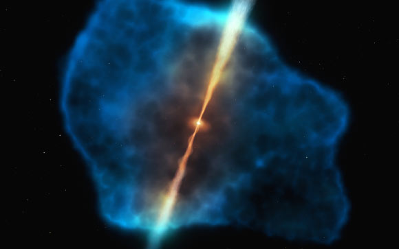 This illustration depicts a gas halo surrounding a quasar in the early Universe. The quasar, in orange, has two powerful jets and a supermassive black hole at its center, which is surrounded by a dusty disk. The halo of glowing hydrogen is represented in blue. Image credit: M. Kornmesser / ESO.