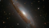 This Hubble image shows ESO 021-G004, a spiral galaxy located approximately 130 million light-years away in the constellation Chamaeleon. The color image was made from separate exposures taken in the visible and infrared regions of the spectrum with Hubble’s Wide Field Camera 3 (WFC3). Two filters were used to sample various wavelengths. The color results from assigning different hues to each monochromatic image associated with an individual filter. Image credit: NASA / ESA / Hubble / D. Rosario et al.